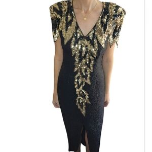 Vintage 80s Lillie Rubin black & gold 100% silk Sequin beaded maxi dress Medium